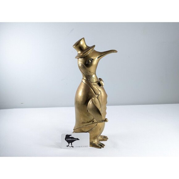 Vintage Large 13.5" brass Penguin figurine, Dapper penguin ornament top hat and - Picture 2 of 10
